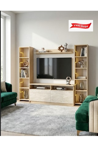 Labirent Ledli Duvar Tv Ünitesi Traverten Kapak Açık Meşe