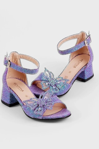 Nese Shoes Kelebekli Kız Çocuk Topuklu Ayakkabı, Simli Abiye Ayakkabı Mor