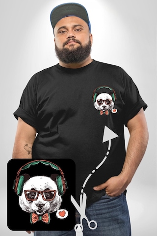 Angemiel Kulaklıklı Hipster Portre Panda Siyah Büyük Beden Kadın Basic Minimal Baskılı Tişört Siyah