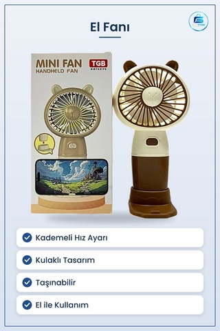 El Fanı Kulaklı Mini Vantilatör Kademeli Hız Ayarlı Taşınabilir K