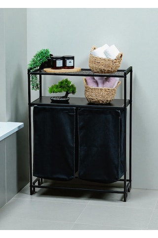 Dekoratif Kirli Sepetli Banyo Dolabı 2 Raflı 2 Bölmeli Çamaşır Sepeti Banyo Düzenleyici Organizer Siyah