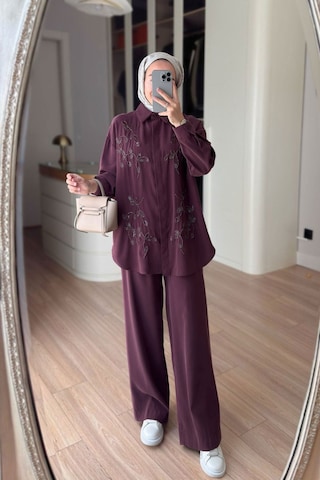 Ka Hijab Boncuk İşlemeli İkili Takım - Mürdüm