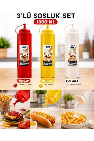 Titiz 3 Lü 1000 Ml Sos Şişesi Seti Sızdırmaz Kapaklı Sarı Kırmızı Şeffaf