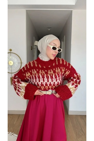 Trend Paris Kadın Etnik Desenli, Bisiklet Yaka, Salaş Triko Kazak - Standart Beden Kırmızı
