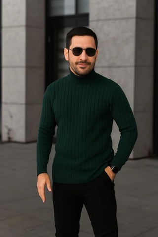 Erkek Fitilli Triko Kazak 3lü Set Bej Haki Siyah Regular Balıkcı Yaka Tam Boğazlı Triko Seti Modeli Kazak Çok Renkli