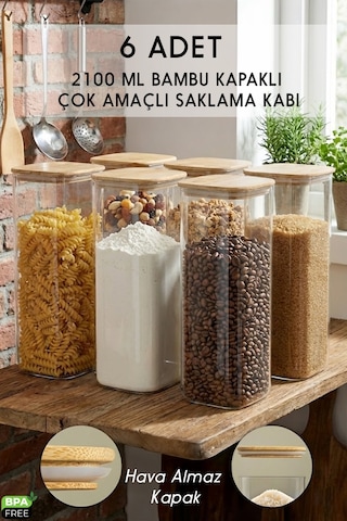 Bambu Kapaklı Kare 6 Lı 2100 Ml Hava Geçirmez Gıda Saklama Kabı Seti 2.1 Litre Büyük Boy Erzak Şeffaf Bambu Kapaklı Kare 6 Lı 2100 Ml Hava Geçirmez Gıda Saklama Kabı Seti 2.1 Litre Büyük Boy Erzak Şeffaf