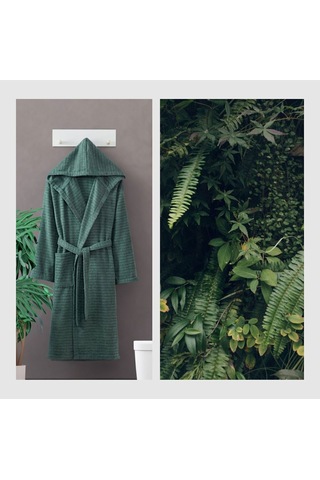 2 Li Kapşonlu Unisex Banyo Bornozu Seti %100 Soft Pamuklu Yeşil - Kiremit