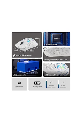 Aula Sc620 Paw3311 Sensör 12000 Dpı 1000hz Kablolu Ve Kablosuz Gaming Oyuncu Mouse Desenli Beyaz