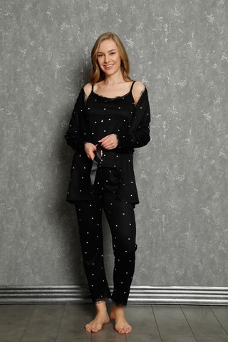 İbrahim Burak Etiler Collection Moda Çizgi Kadın %100 Pamuk 3'lü Sabahlık Pijama Takım 16103 Siyah