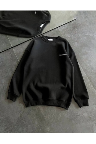 Mbb E-ticaret Kadın 3 İplik Kışlık Pamuklu Bisiklet Yaka Oversize Baskılı Sweatshirt - Siyah