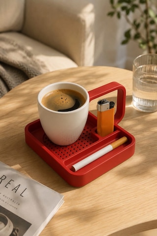 Kahve Sunum Tepsisi Çok Bölmeli Masa Üstü Organizer Kupa Fincan Standı Pla 12.5x11x7 Cm Kırmızı