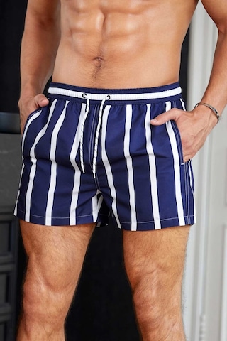 Angelsin Erkek Basic Standart Boy Çizgili Baskılı Mayo Cepli Deniz Şortu Mavi