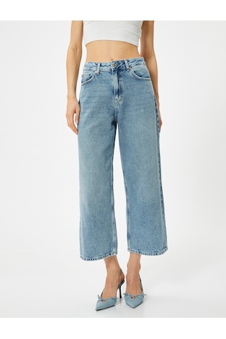 Koton Geniş Kısa Paça Kot Pantolon Standart Bel Pamuklu Cepli - Bianca Crop Jean Açık İndigo 4sal40009md Açık İndigo