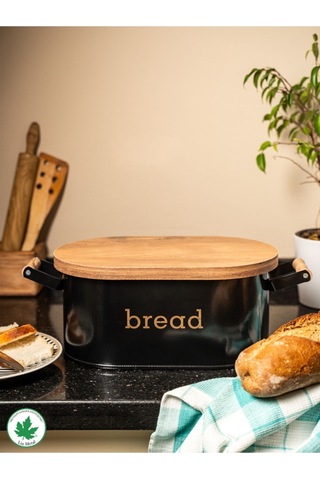 Ahşap Kapaklı Ahşap Kulplu Metal Ekmeklik Bread Baskılı - Siyah Siyah