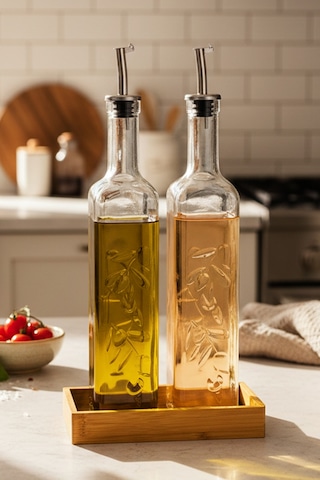 Lara - 2'li Bambu Standlı Cam Zeytinyağı Sıvıyağ Şişesi Yağdanlık Damlatmaz Yağlık Sirkelik 500ml