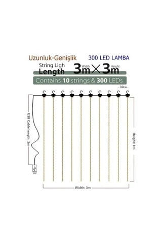 8 Fonksiyonlu Uzaktan Kumandalı Peri Perde Led - 3x3 Metre Günışığı Renkli