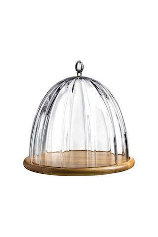 Paşabahçe 31601 Denizli Cam El İmalatı Kristal Ahşap Tablalı Cam Fanus - Şeffaf