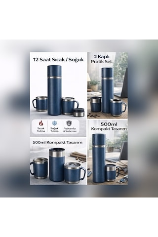 500ml Vakumlu Termos Seti 2 Kaplı 12 Saat Sıcak/soğuk Taşınabilir Bardaklı Termos Set Mavi