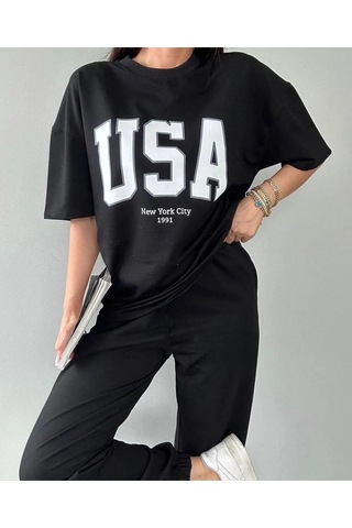 Usa T-shirt Eşofman Altı Jogger- Siyah Baskılı Alt Üst Eşofman Takım Oversize Bisiklet Yaka Siyah