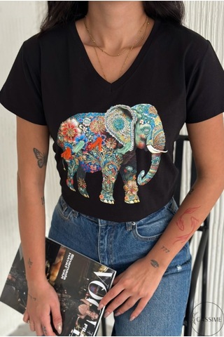 Cassime Kadın Fil Kuş Çiçek Pul Payet İşlemeli %100 Pamuk V Yaka Siyah T-shirt
