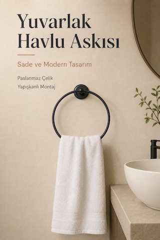 Paslanmaz Çelik Yuvarlak Yapışkanlı Siyah Yuvarlak Havluluk Banyo Askılığı