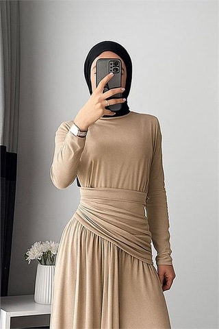 Neşeli Butik Kadın Candy Kumaş Tesettür Elbise Nms047 Bej