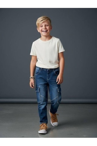 Zekids Erkek Çocuk Kargo Cepli Beli Lastikli Denim Pantolon-16638 Renkli