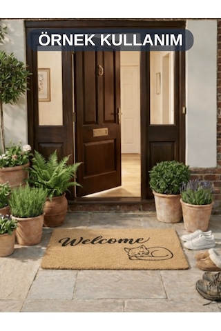 Beylini Kedi Desen Welcome Koko Paspas Ev Dış Kapı Tpr Kaymaz Taban Modern Dayanıklı Su Geçirmez Bej 70x45cm