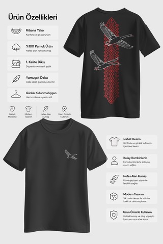Spoyi Red Heritage Bird Tasarımlı %100 Pamuk Yarım Oversize Siyah T-shirt