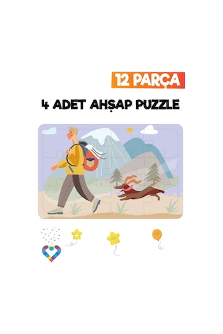 Ahşap Çocuk Puzzle 12 Parça 4 Adet