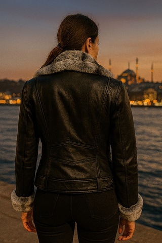 Hmo Store Buz Şerit Premium Hakiki Kürklü Deri Ceket Siyah