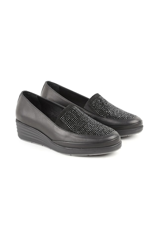 Mamma Mia Kadın Günlük Ayakkabı Slip-on Taşlı Kalın Taban Hakiki Deri Anne Ayakkabısı 26y-7670 Siyah