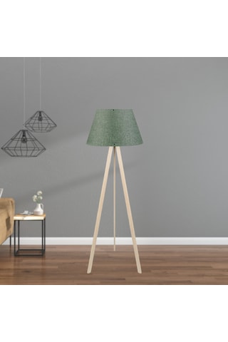Pratik Tripod Krem Ahşap Gövdeli Konik Haki Başlıklı Lambader Yeşil Köşe Lambası Yeşil
