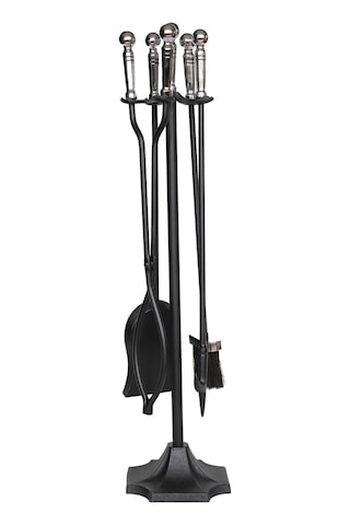 5 Li Lüx Ithal Gümüş Topuz Başlıklı Şömine - Soba Maşa Takımı Aksesuar Seti