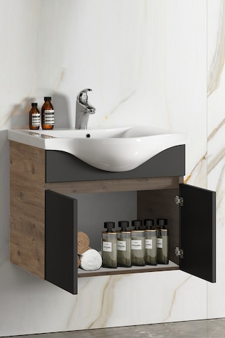 65 Cm Atlantik Çam-Antrasit Gri Mat Mdf Lavabolu Banyo Alt Dolabı Antrasit - Atlantik Çam