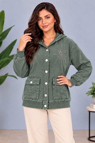 Cedy Denim Cedy -özel Tasarım Kadın Taş Ve Nakış İşleme Detaylı Düğmeli Kapüşonlu Sweat Hırka C7150 Haki