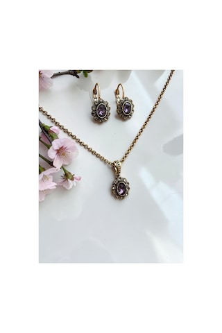Kristal Taşlı Oval Kolye Ve Küpe Seti Mor