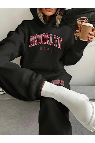 Harmandar Brooklyn Usa Kışlık Alt Üst Takımı Sweatshirt Eşofman Altı - Siyah Baskılı Oversize Kapüşonlu Siyah