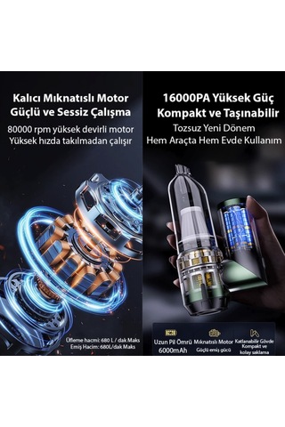 110w Ultra Güçlü Turbo Araç Ev Süpürgesi Araba Yıkama Süpürgesi 1 Saat Kullanım Şarjlı