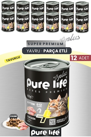 Plus 12'li Tavuklu Yavru Puppy Kedi Konserve Chunk Parça Etli Yaş Mama 400 G