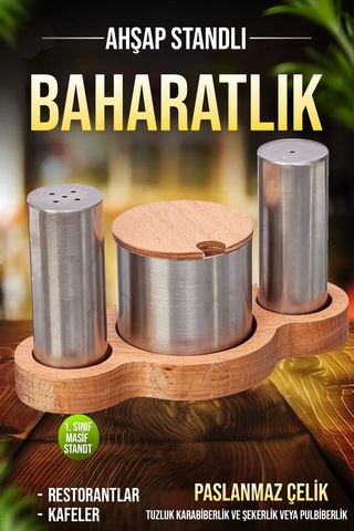 Paslanmaz Çelik Ahşap Stantlı Tuzluk Şekerlik Ve Karabiberlik Seti Kafe Restorant Baharatlık Seti Diğer