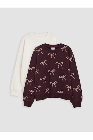 LC Waikiki Lcw Kids Bordo Baskılı Kız Çocuk Kalın Sweatshirt 2'li Lıght Bordeaux P