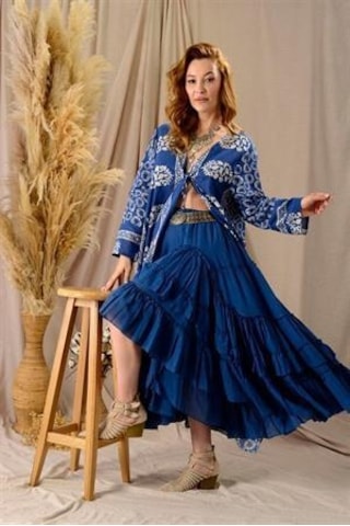 Özel Tasarım Ham Keten Otantik Astarlı Carmen Etek-9895 Petrol Mavisi