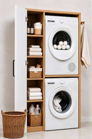 Rudu Noa Çamaşır Ve Kurutma Makinesi Dolabı, Banyo Dolabı 92x65x184 Cm 1 Kapaklı 5 Raflı - Meşe-beyaz Meşe - Beyaz