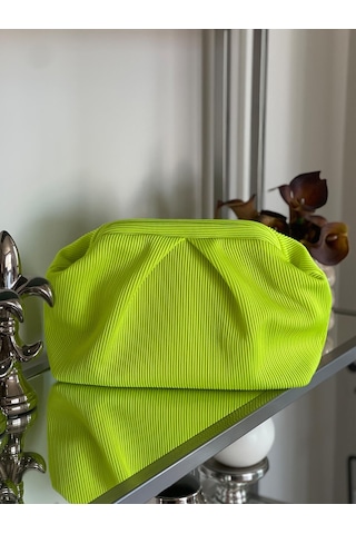 Neon Sarı, Piliseli Çizgi Detaylı El Çantası Sarı