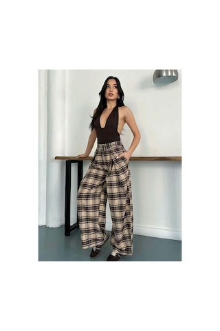 Asur Boutique Asur Butik Kadın Fular Detaylı Ekose Pantolon Bej