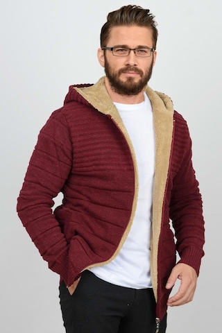 Erkek İçi Kürklü Kapüşonlu Fermuarlı Triko Hırka Bordo T743 Bordo