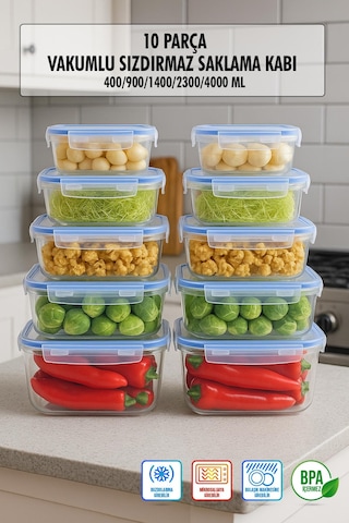 Dikdörtgen 10 Parça Contalı Vakumlu Sızdırmaz Hava Almaz Saklama Kabı Seti 2x 4000/2300/1400/900/400 Ml Şeffaf - Beyaz