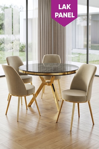 Natre Serisi 90x90 Lak Panel Antrasit İroni Gold Ayaklı Mutfak Masası Takımı Ve 4 Sandalye Antrasit İroni Masa Krem Sandalye