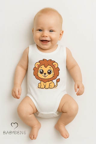 Babyden's %100 Pamuklu Hayvan Figürlü Kolsuz Çıtçıtlı Bebek Body Nefes Alabilir Unisex Zıbın Aslan Beyaz